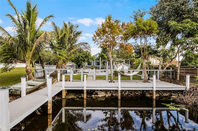 dock area featuring a water view and fence