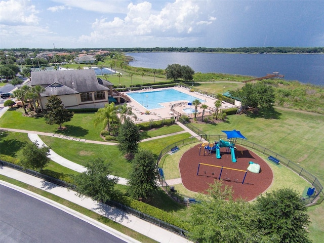 birds eye view of property featuring a water view