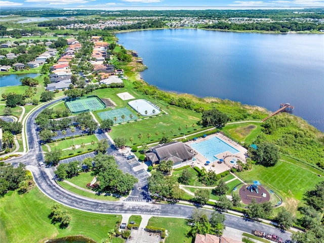 birds eye view of property featuring a water view