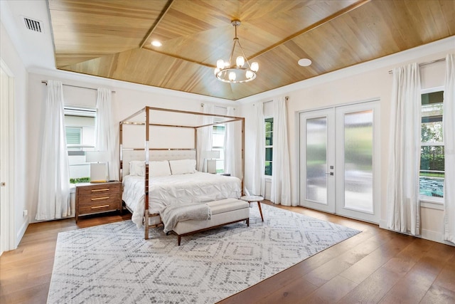 bedroom with wooden ceiling, access to outside, french doors, hardwood / wood-style flooring, and a notable chandelier