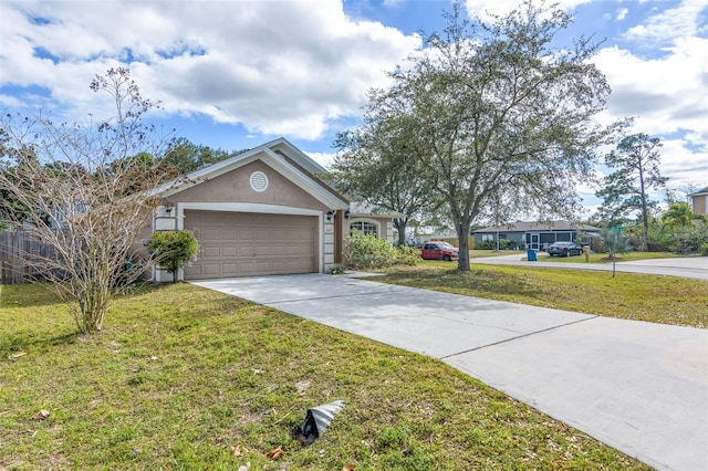 view of front of home with stucco siding, an attached garage, concrete driveway, and a front yard