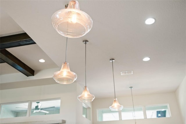 details featuring beamed ceiling, visible vents, and recessed lighting