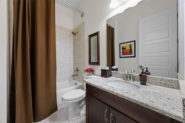 full bathroom featuring shower / tub combo, vanity, and toilet