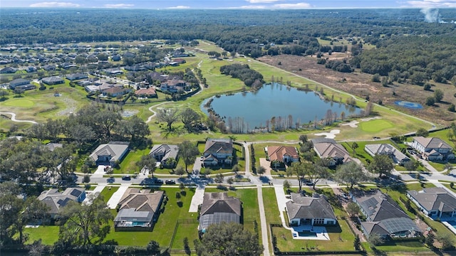 birds eye view of property with a water view and a residential view