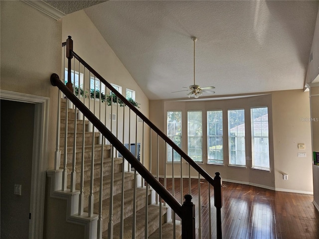 stairs with ceiling fan, wood-type flooring, and a textured ceiling