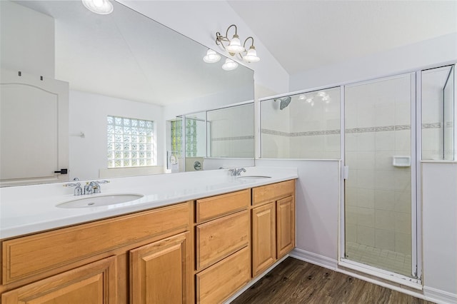 bathroom with vanity, hardwood / wood-style floors, and a shower with door