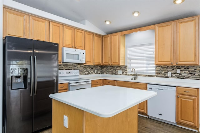 kitchen featuring a kitchen island, lofted ceiling, sink, dark wood-type flooring, and white appliances