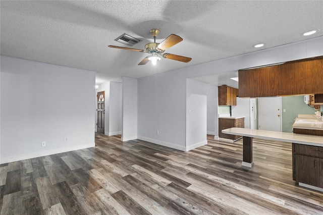 interior space featuring ceiling fan, sink, a textured ceiling, and dark wood-type flooring