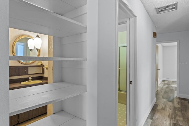 bathroom featuring sink, a textured ceiling, and hardwood / wood-style flooring