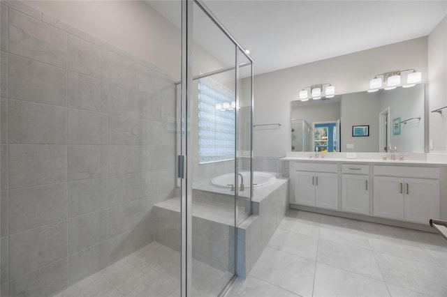 bathroom with vanity, separate shower and tub, and tile patterned floors