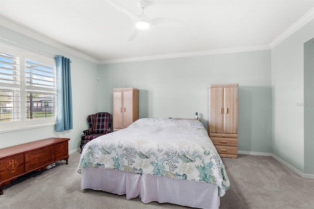 bedroom with ceiling fan, ornamental molding, and light carpet