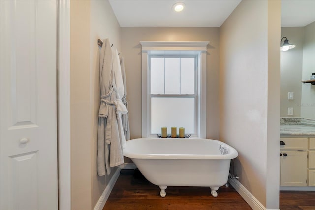 bathroom with a bathing tub, vanity, and wood-type flooring