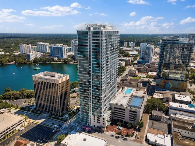 drone / aerial view featuring a water view