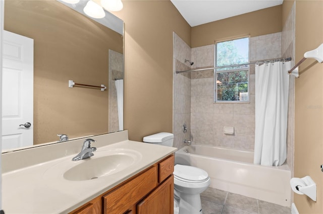 full bathroom featuring tile patterned flooring, vanity, shower / bath combination with curtain, and toilet