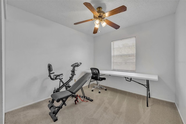 office with light carpet, a textured ceiling, and ceiling fan