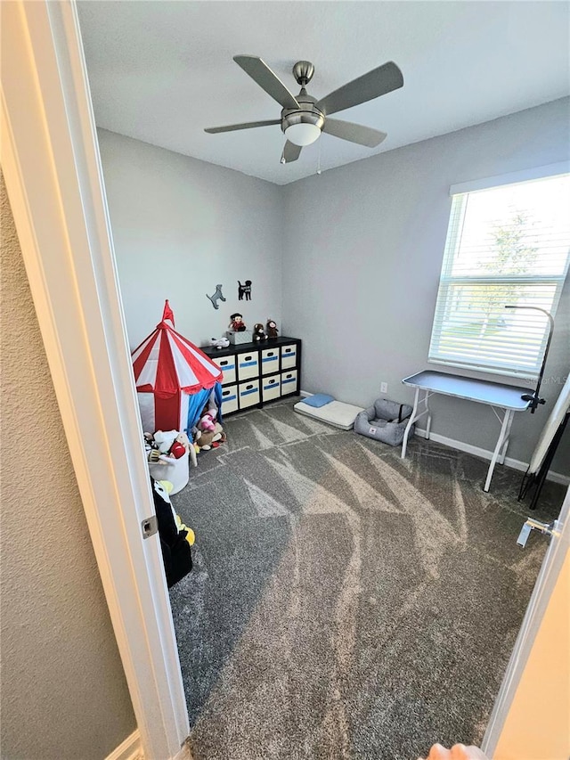 miscellaneous room featuring carpet floors and ceiling fan