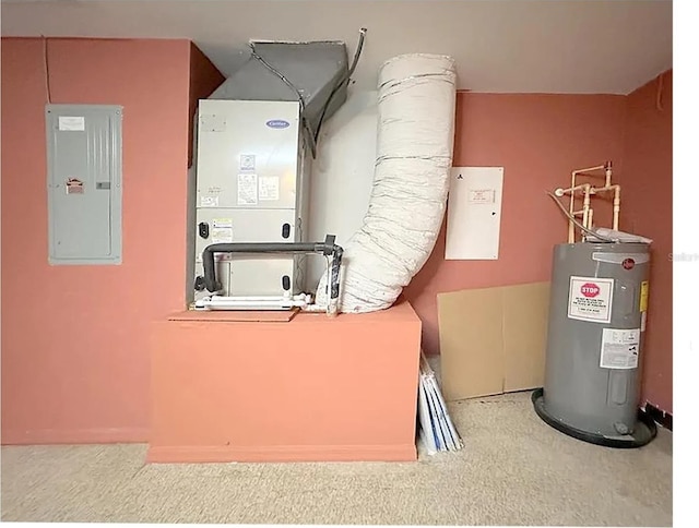 utility room featuring electric panel and water heater