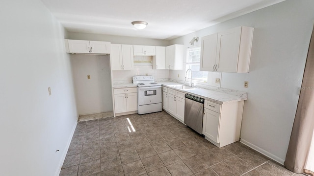 kitchen with dishwasher, white cabinets, sink, decorative backsplash, and white electric range oven