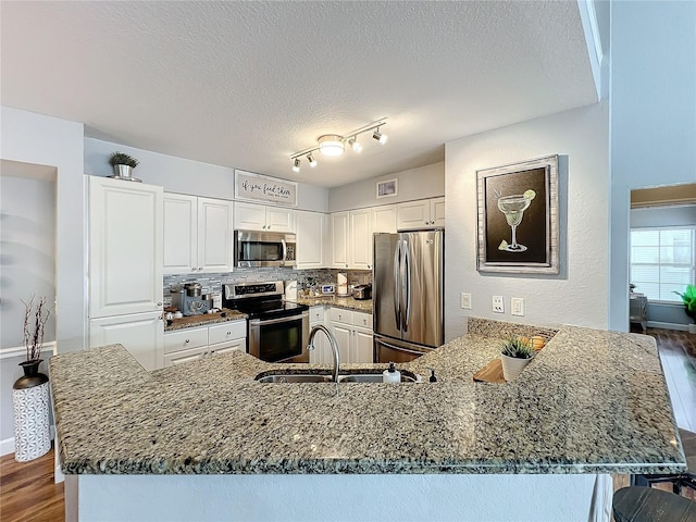 5269 Wellington Park Cir Unit 23, Orlando, FL 32839 - kitchen featuring stainless steel appliances, a peninsula, wood finished floors, dark stone countertops, and a textured ceiling