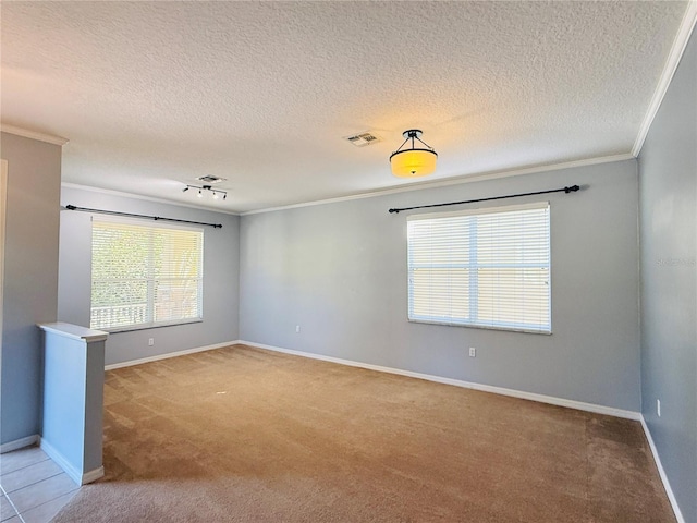 carpeted empty room featuring a textured ceiling and ornamental molding