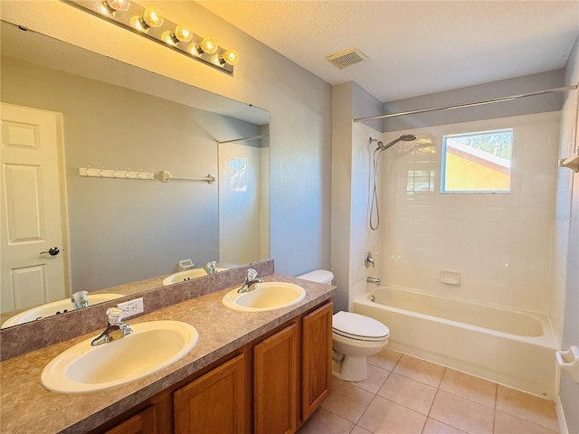 full bathroom with shower / bathing tub combination, vanity, toilet, and tile patterned floors