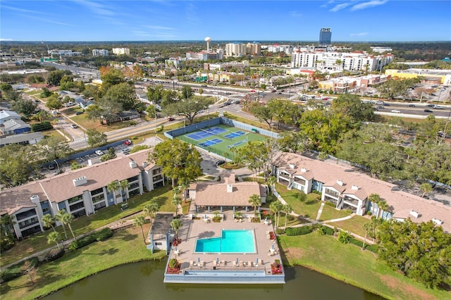 bird's eye view with a water view