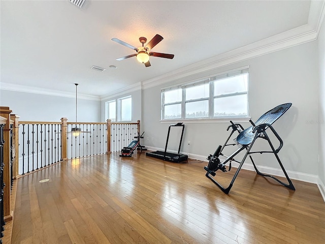 exercise area featuring hardwood / wood-style floors, ceiling fan, and ornamental molding