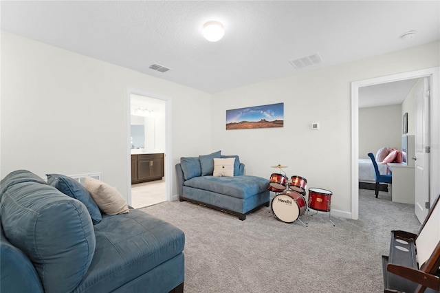 living room with light colored carpet