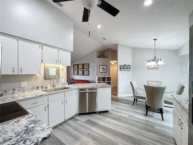 kitchen with pendant lighting, white cabinets, dishwasher, sink, and kitchen peninsula