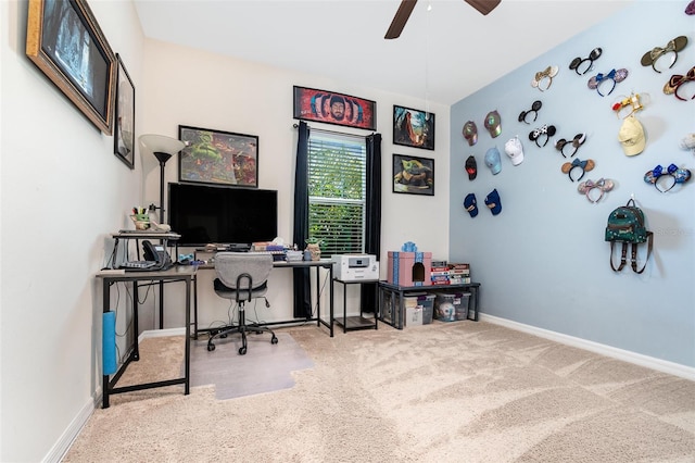 office area featuring ceiling fan and carpet floors