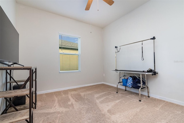 misc room with ceiling fan and carpet floors