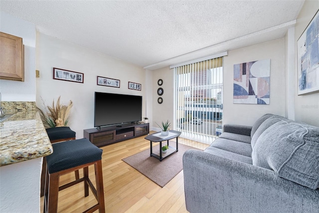 living room with light hardwood / wood-style floors and a textured ceiling