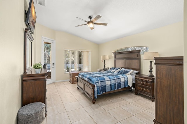 tiled bedroom featuring ceiling fan, access to exterior, and vaulted ceiling