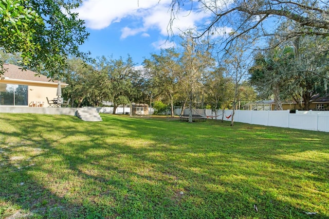 view of yard featuring a trampoline and a patio