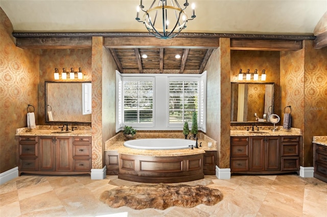 bathroom featuring beamed ceiling, vanity, a bathing tub, and wood ceiling