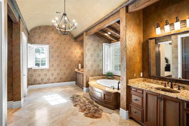 bathroom with vaulted ceiling with beams, a bathing tub, vanity, and an inviting chandelier