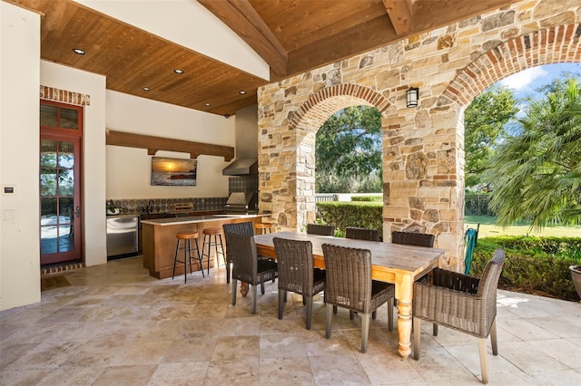 dining space featuring lofted ceiling, a wealth of natural light, and wooden ceiling