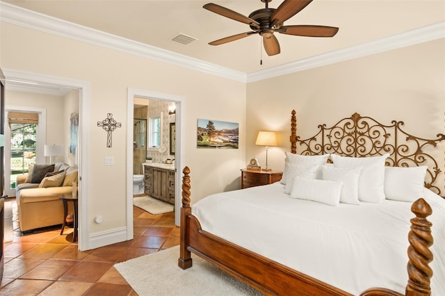 bedroom featuring ceiling fan, crown molding, and ensuite bathroom