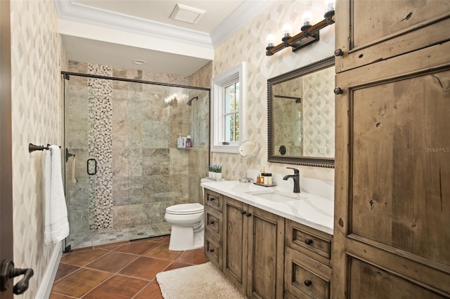 bathroom with vanity, crown molding, tile patterned flooring, toilet, and a shower with shower door