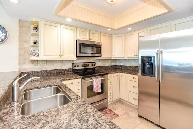 kitchen with a raised ceiling, sink, ornamental molding, and appliances with stainless steel finishes