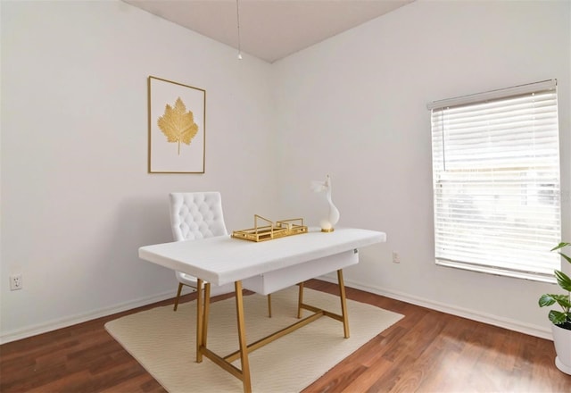 home office with dark wood-type flooring