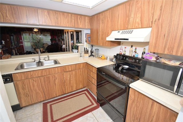 kitchen featuring black range with electric cooktop, ventilation hood, white dishwasher, sink, and light tile patterned flooring