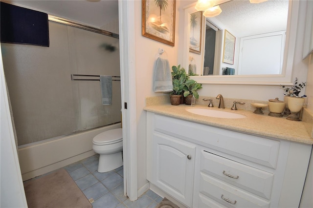 full bathroom featuring vanity, tile patterned floors, toilet, enclosed tub / shower combo, and a textured ceiling