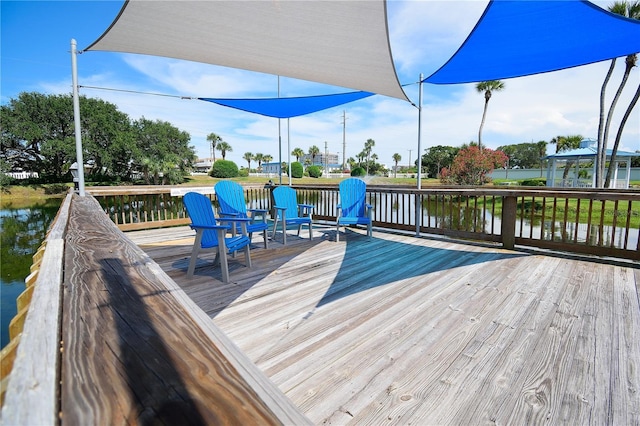 wooden terrace featuring a water view