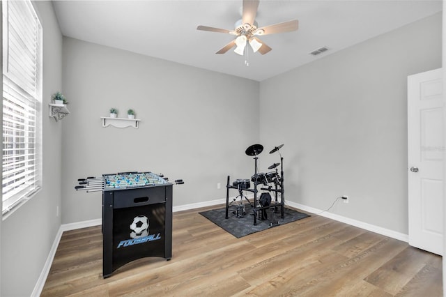 recreation room featuring ceiling fan, a healthy amount of sunlight, and wood-type flooring