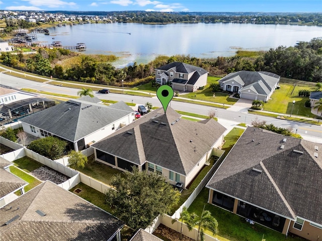 aerial view featuring a water view