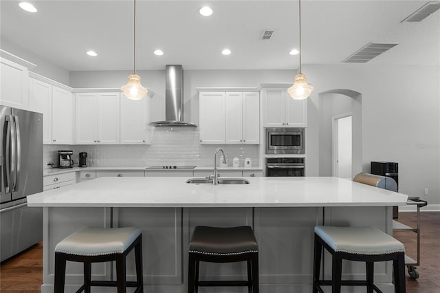 kitchen featuring wall chimney exhaust hood, a kitchen island with sink, sink, and appliances with stainless steel finishes