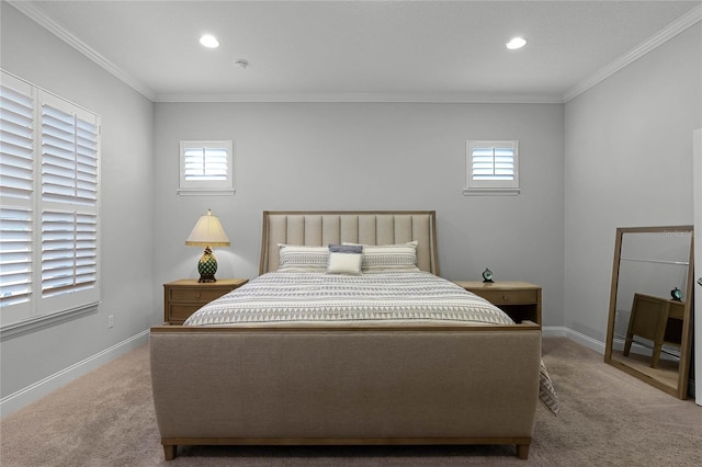 bedroom featuring light carpet and ornamental molding