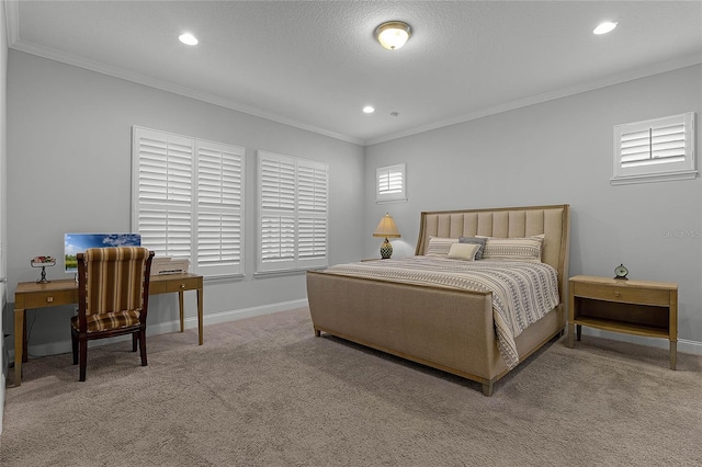 bedroom featuring light colored carpet and ornamental molding