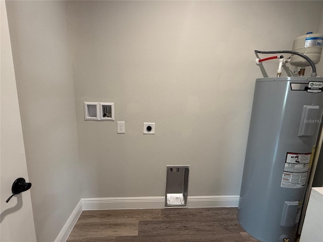 laundry area with hookup for an electric dryer, washer hookup, dark hardwood / wood-style flooring, and water heater